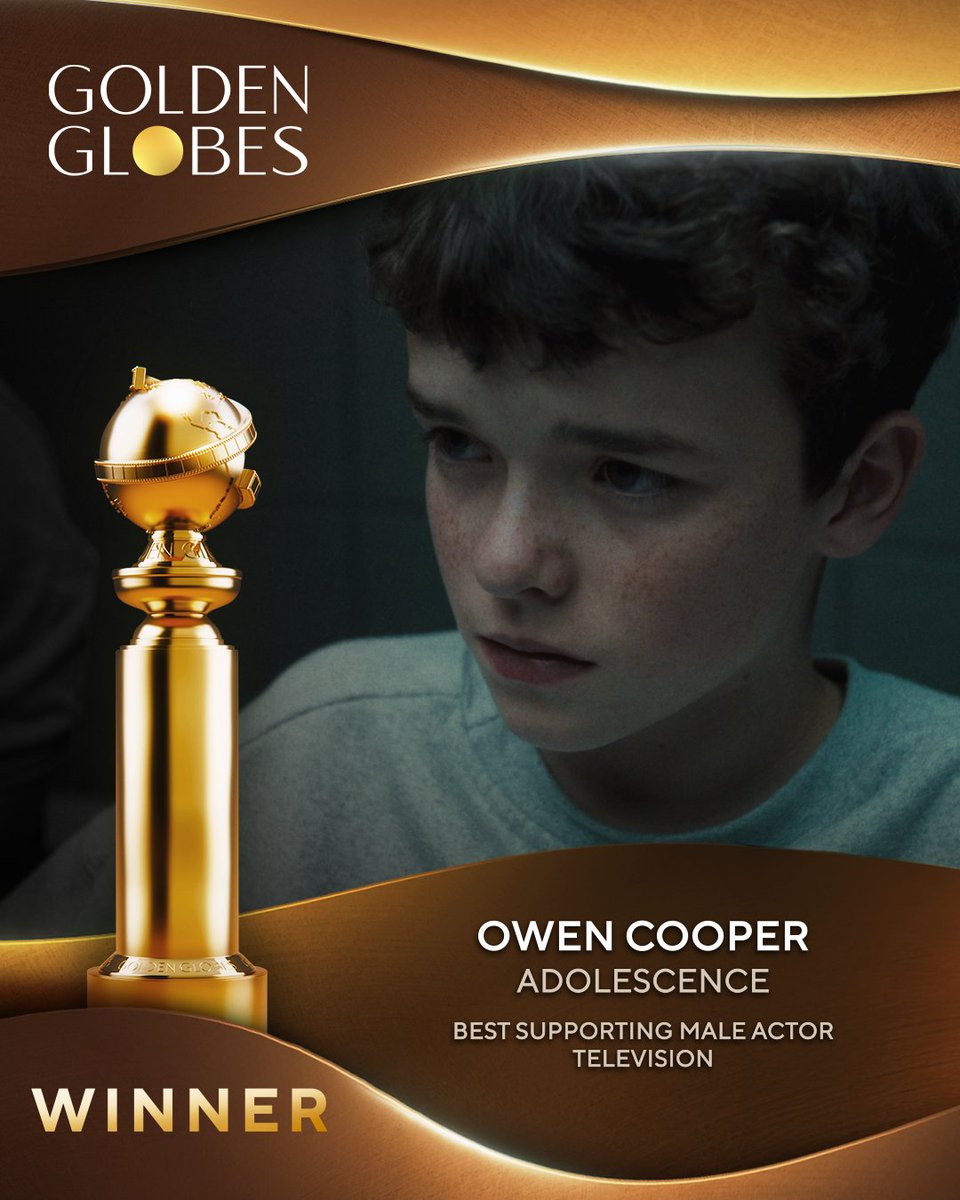 goldenglobes's tweet photo. Owen Cooper is taking home the #GoldenGlobes award for Best Supporting Male Actor – Television for his role in Adolescence! Well deserved 👏 https://t.co/M2jH42O1Sc