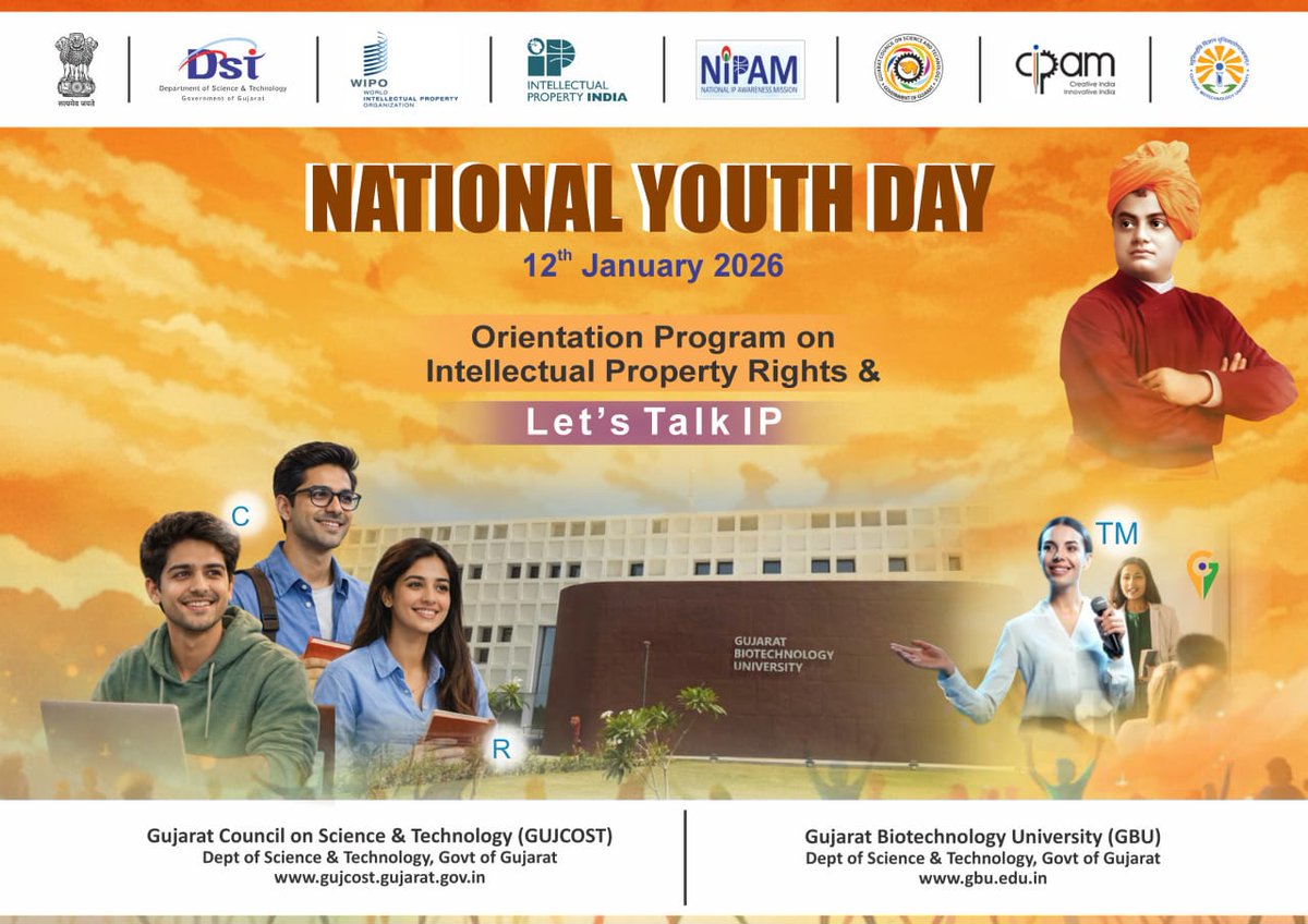 maitripatel4419's tweet photo. Arise, awake, and stop not!”- Swami Vivekananda.
Taking this vision forward, @InfoGujcost celebrates #NationalYouthDay2026 by equipping our youth with the #PowerofIP.
The “Let’s Talk IP”program ensures innovators have the tools to protect their #creativity & #impact the world. https://t.co/ja6bChteK7