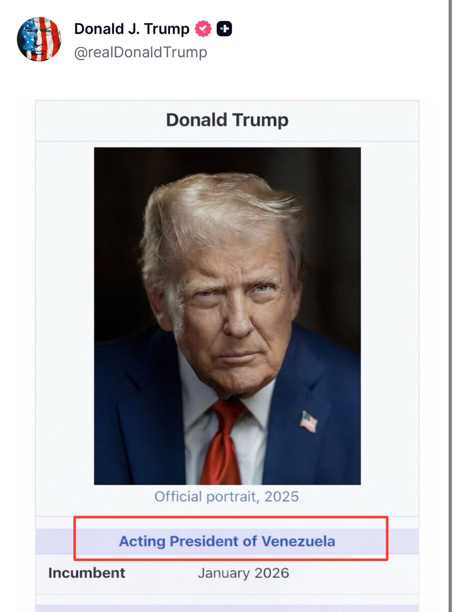 AlertaMundoNews's tweet image. 🇺🇸🇻🇪 | El presidente de Estados Unidos, Donald Trump, publica una imagen de sí mismo afirmando que es el «presidente de Venezuela».