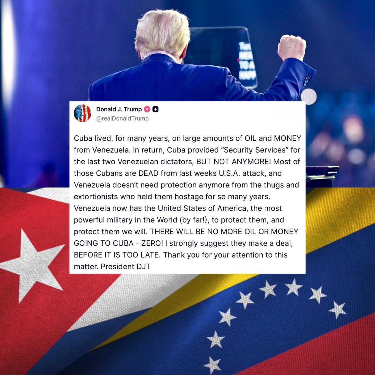 ⚠️ Donald Trump lanza un ultimátum a Cuba:

“Cuba vivió, durante muchos años, con grandes cantidades de PETRÓLEO y DINERO de Venezuela. A cambio, Cuba proporcionó servicios de seguridad a los dos últimos dictadores venezolanos, ¡Pero no más! .

No habrá más petroleo o dinero que
