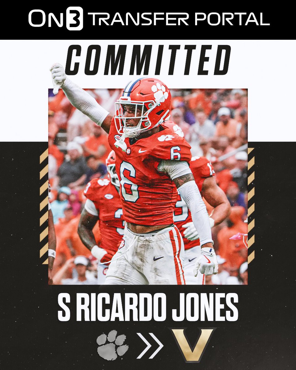 TransferPortal's tweet photo. BREAKING: Clemson starting safety Ricardo Jones has committed to Vanderbilt, @Hayesfawcett3 reports🐅

https://t.co/kSYG7dZ8sR https://t.co/kSxQuPZXsI