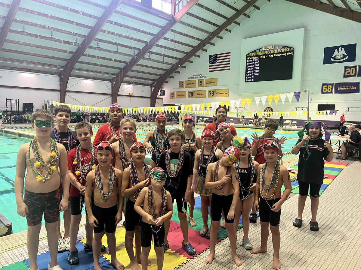 ESASwim's tweet photo. Beads, Bling &amp; a winning thing!📿📿📿 Some people come for the purple💜 and green 💚but we came for the GOLD🥇🥇! The eagles had a great time at the 2026 LA Tigers Aquatics Mardi Gras Invitational! 🎭📿🎺 https://t.co/EicvbAiFi0