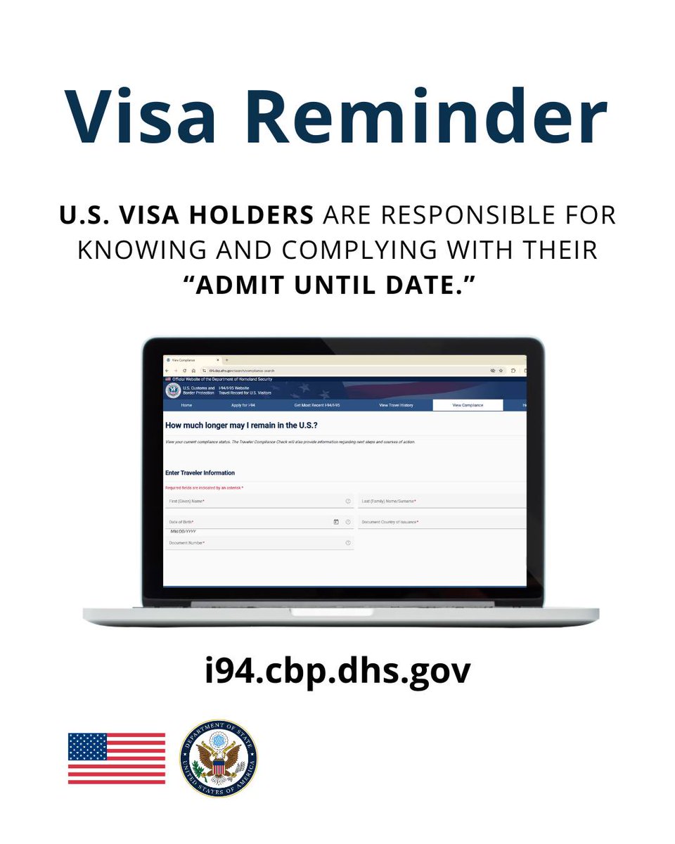 Respect the terms of your U.S. visa and your authorized period of stay in the United States. Remaining in the United States past your I-94 “Admit Until Date” can lead to severe consequences such as visa revocation, possible deportation, and ineligibility for future visas.