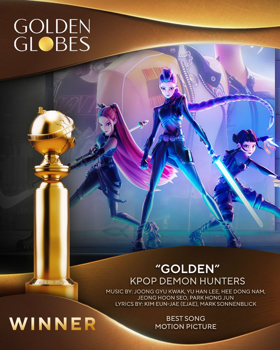 goldenglobes's tweet image. Without further ado, the #GoldenGlobes winner for Best Song Motion Picture goes to...."Golden" in KPop Demon Hunters! 🎶✨