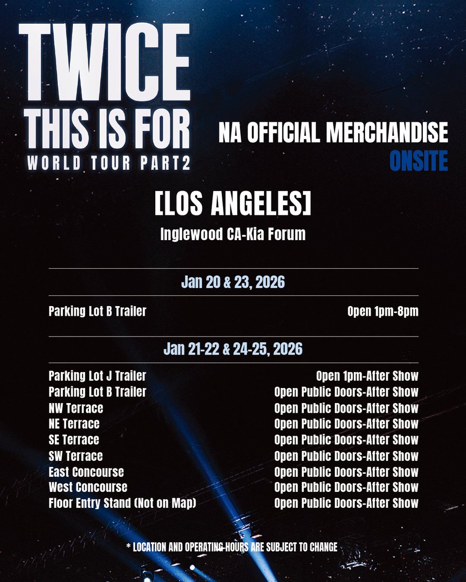 TWICE <THIS IS FOR> WORLD TOUR in United States
🛍️ Tour Merchandise Info

Official tour merchandise will be available at the venue!
‼️Spend USD 75 and receive 1 random Lovely Mini keyring (from 9 member options) 🎁

ONCE, get ready to grab your favorites and dance the night away