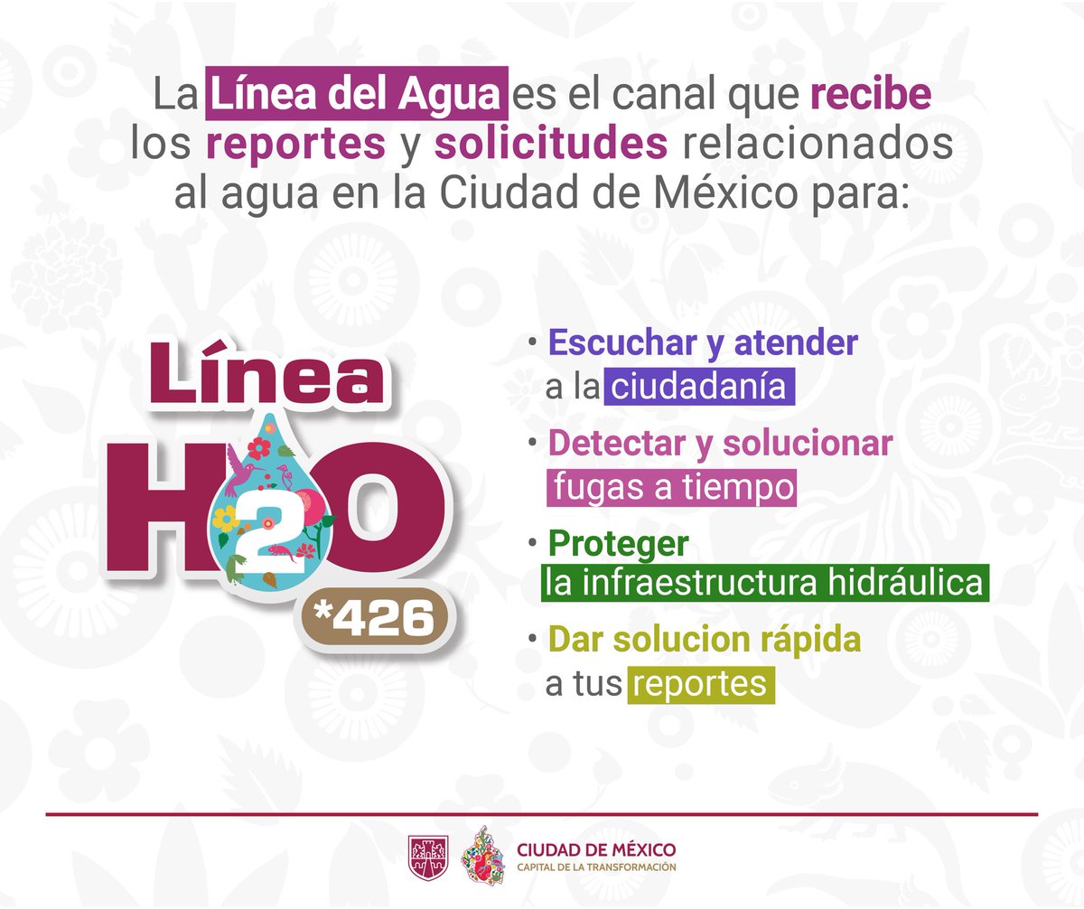 💧📞 ¿Tienes un problema con el agua en tu colonia?
En la #CapitalDeLaTransformación ponemos a tu servicio la #LíneaH2O *426, el canal directo para:

✔️ Escuchar y atender tus reportes
✔️ Proteger la infraestructura hidráulica
✔️ Dar solución rápida a tus solicitudes

🚰 ¡Marca