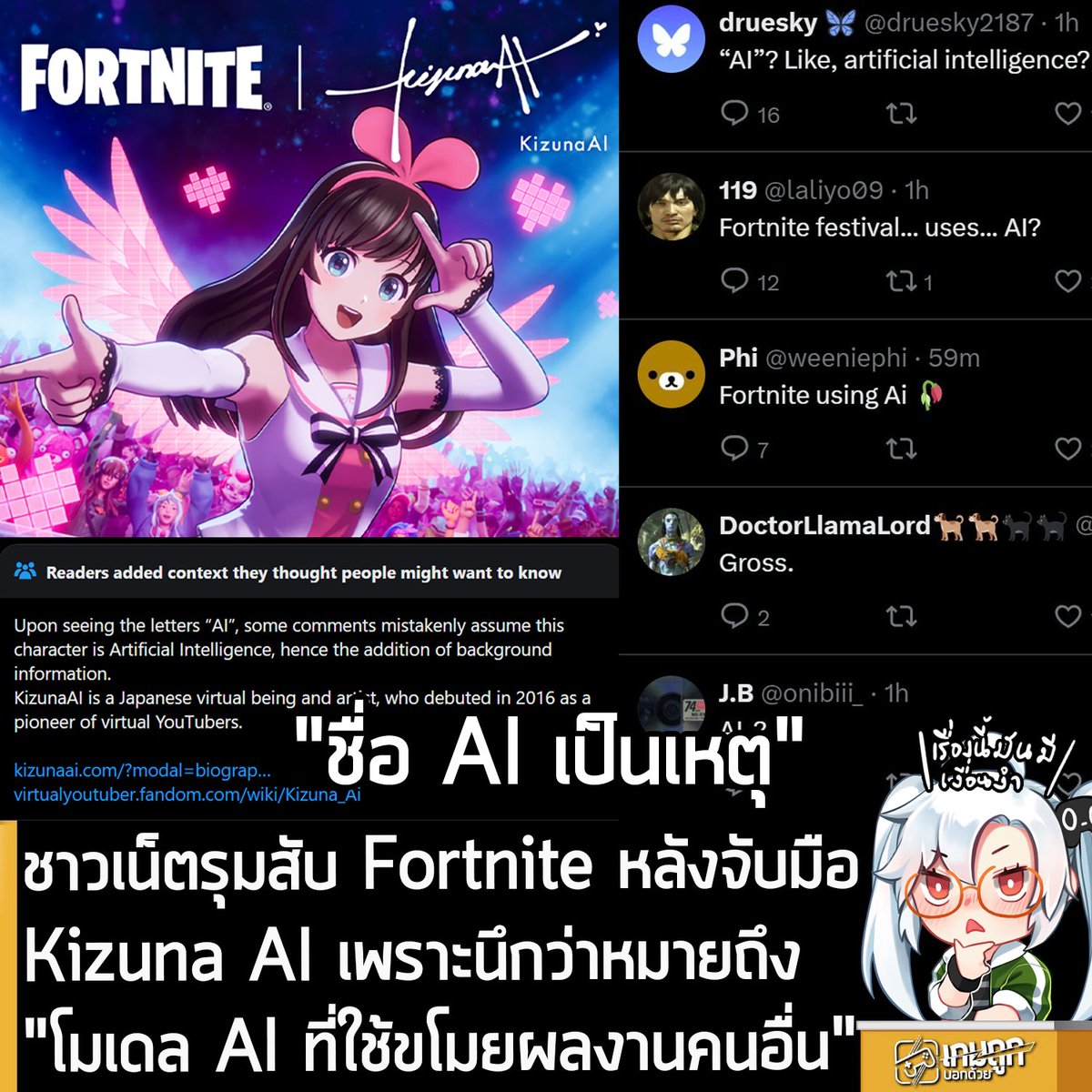sheapgamer's tweet image. [News] ชาวเน็ตรุมสับ Fortnite หลังจับมือ Kizuna AI เพราะนึกว่าหมายถึง "โมเดล AI ที่ใช้ขโมยผลงานคนอื่น"
.
ทาง Fortnite เพิ่งจะประกาศจับมือกับ Kizuna AI ตำนาน VTuber รุ่นบุกเบิก โดยจะมีสกินและของแต่ง รวมถึง Jam Track ต่างๆ อัปเดตเข้าเกมในวันที่ 16 ม.ค. 2026 
.
แต่กลายเป็นว่า…