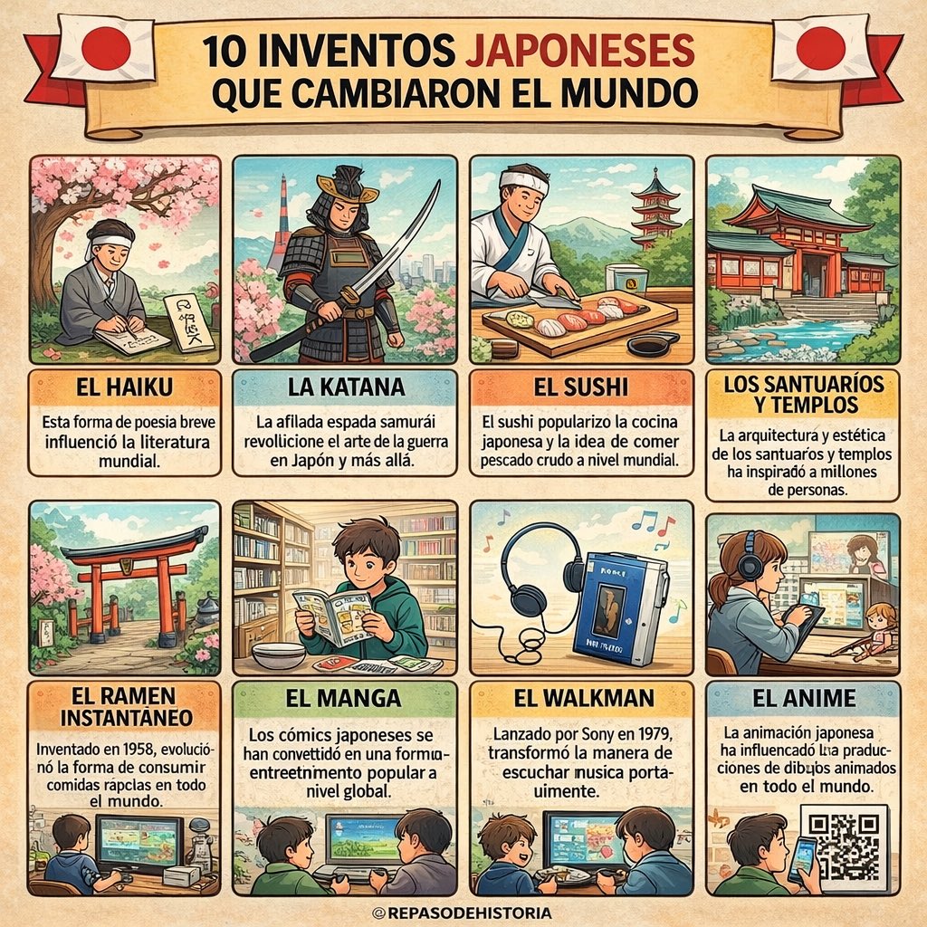 brucelito's tweet photo. 🇯🇵✨ Japón no solo exportó tecnología… también cultura, arte y nuevas formas de vivir.

Del haiku al anime, del sushi al Walkman, estos son algunos de los inventos japoneses que cambiaron el mundo para siempre. 🌏🎌

¿Cuál de todos ha influido más en tu vida? 👀👇
#Japón https://t.co/ljm8mDBPoD