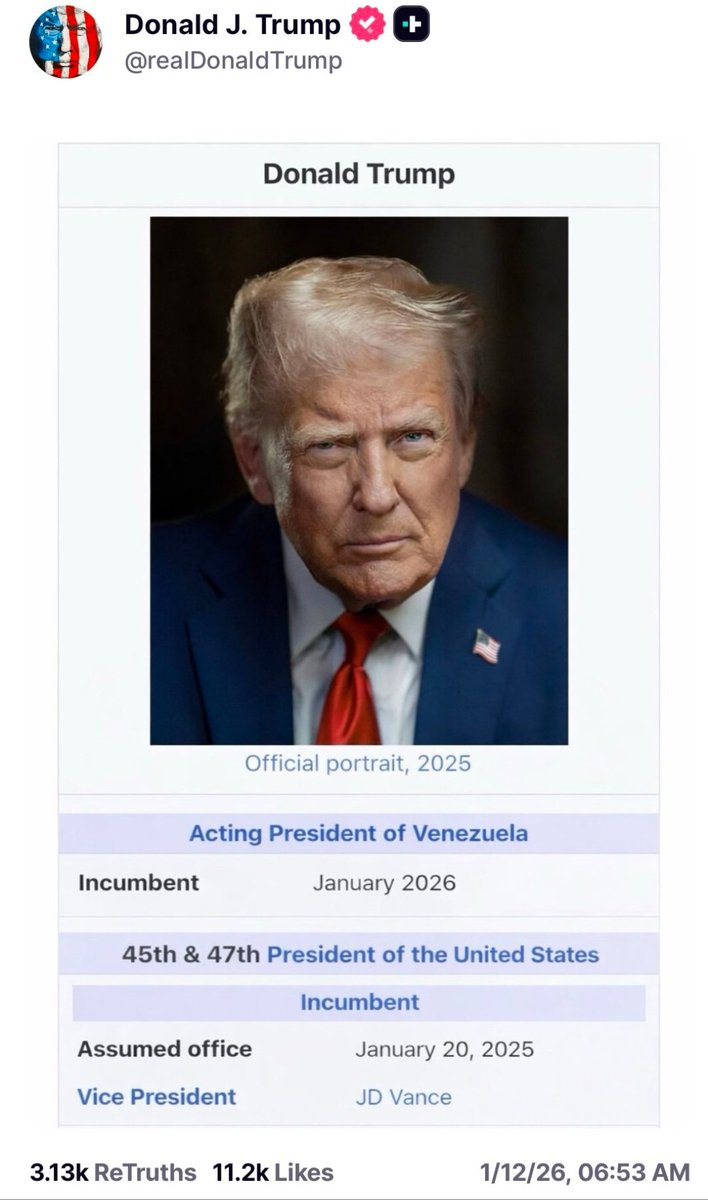 मिलिए वेनेज़ुएला के नए कार्यकारी राष्ट्रपति डोनाल्ड जे. ट्रंप से!!
Meet Venezuela's new acting President, Donald J. Trump!!