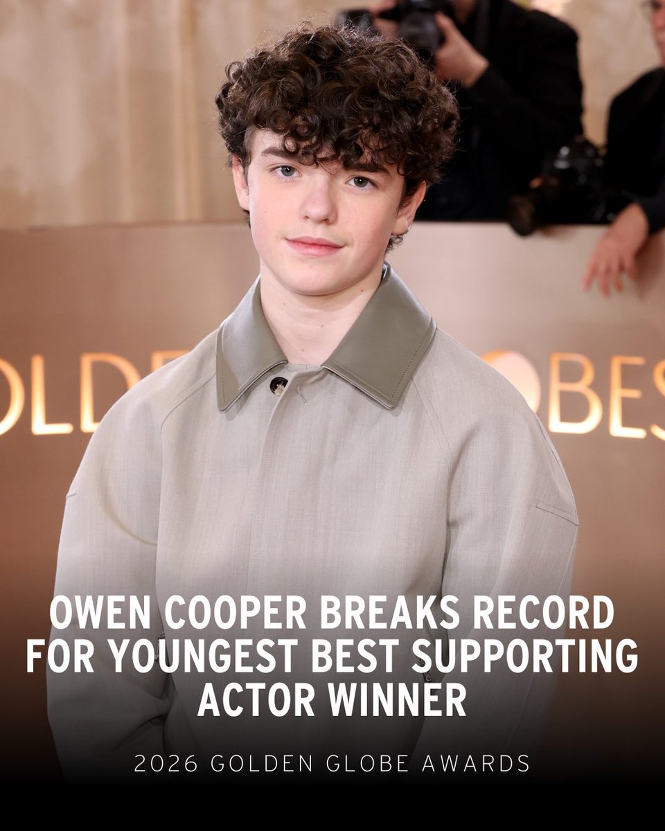 IMDb's tweet image. "Adolescence" star Owen Cooper just won the #GoldenGlobe for Best Supporting Actor on Television. 🏆✨ With this win, he broke the record for youngest winner in this category, and became the second-youngest Golden Globe-winning male actor of all time.