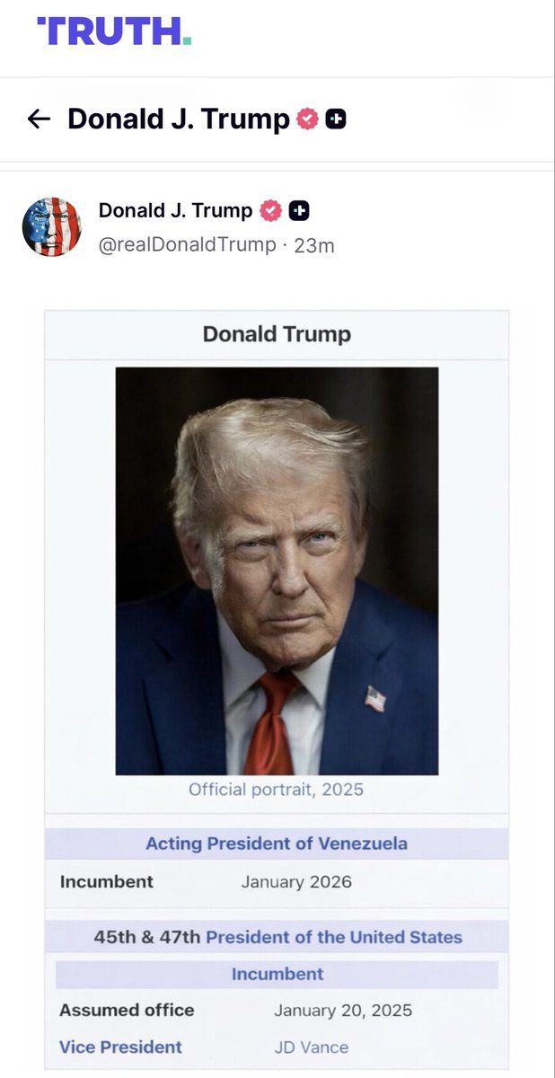 Kalshi's tweet image. JUST IN: Trump posts photo of him as President of Venezuela