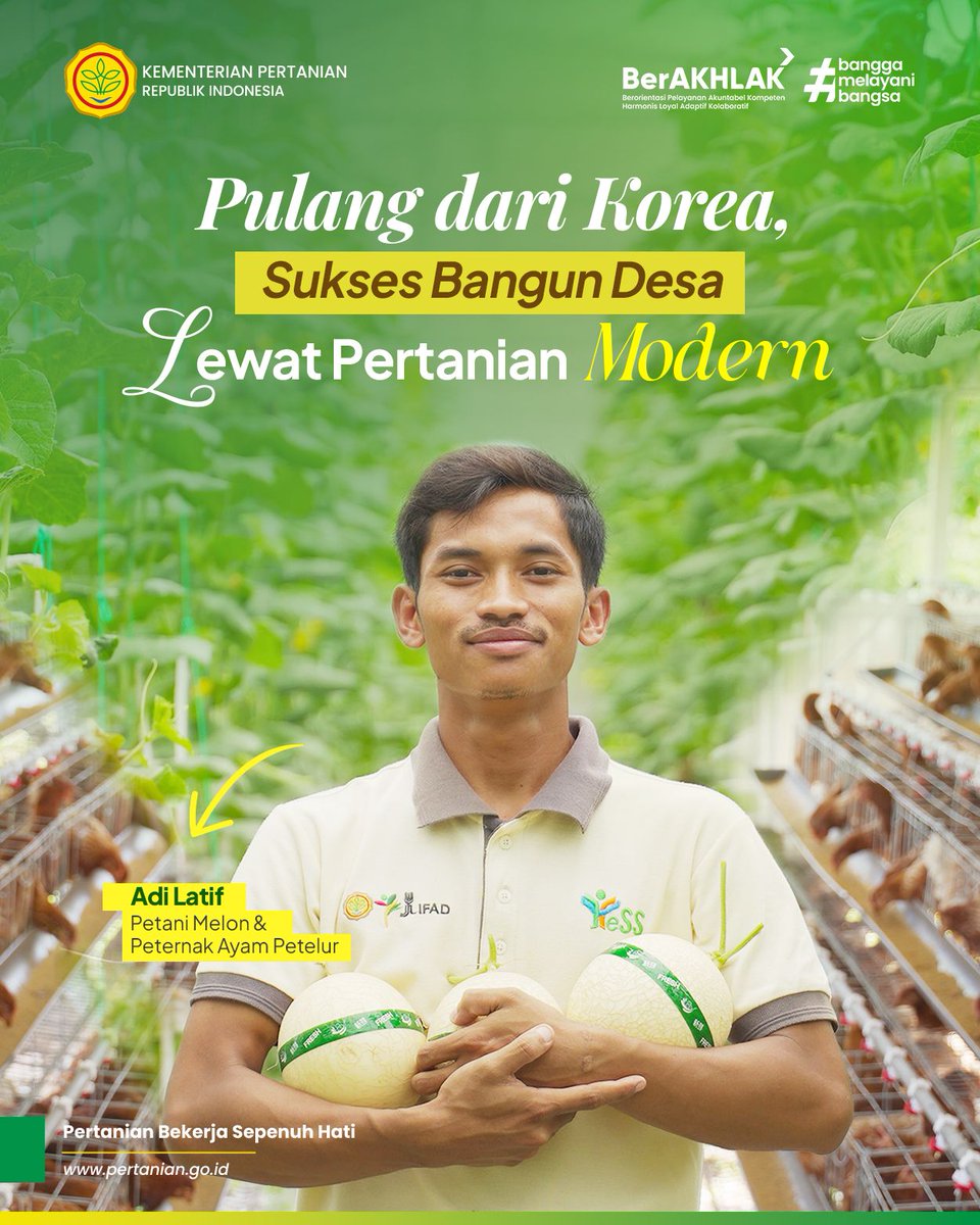 kementan's tweet photo. Sepulang bekerja dari Korea, Adi Latif memilih kembali ke Blora untuk membangun desanya sendiri. Ia memulai dari greenhouse melon modern, lalu merambah ke peternakan ayam petelur.
#PetaniMuda #BertaniModern #DariDesaUntukIndonesia #KementerianPertanian https://t.co/UmagycmQ8s