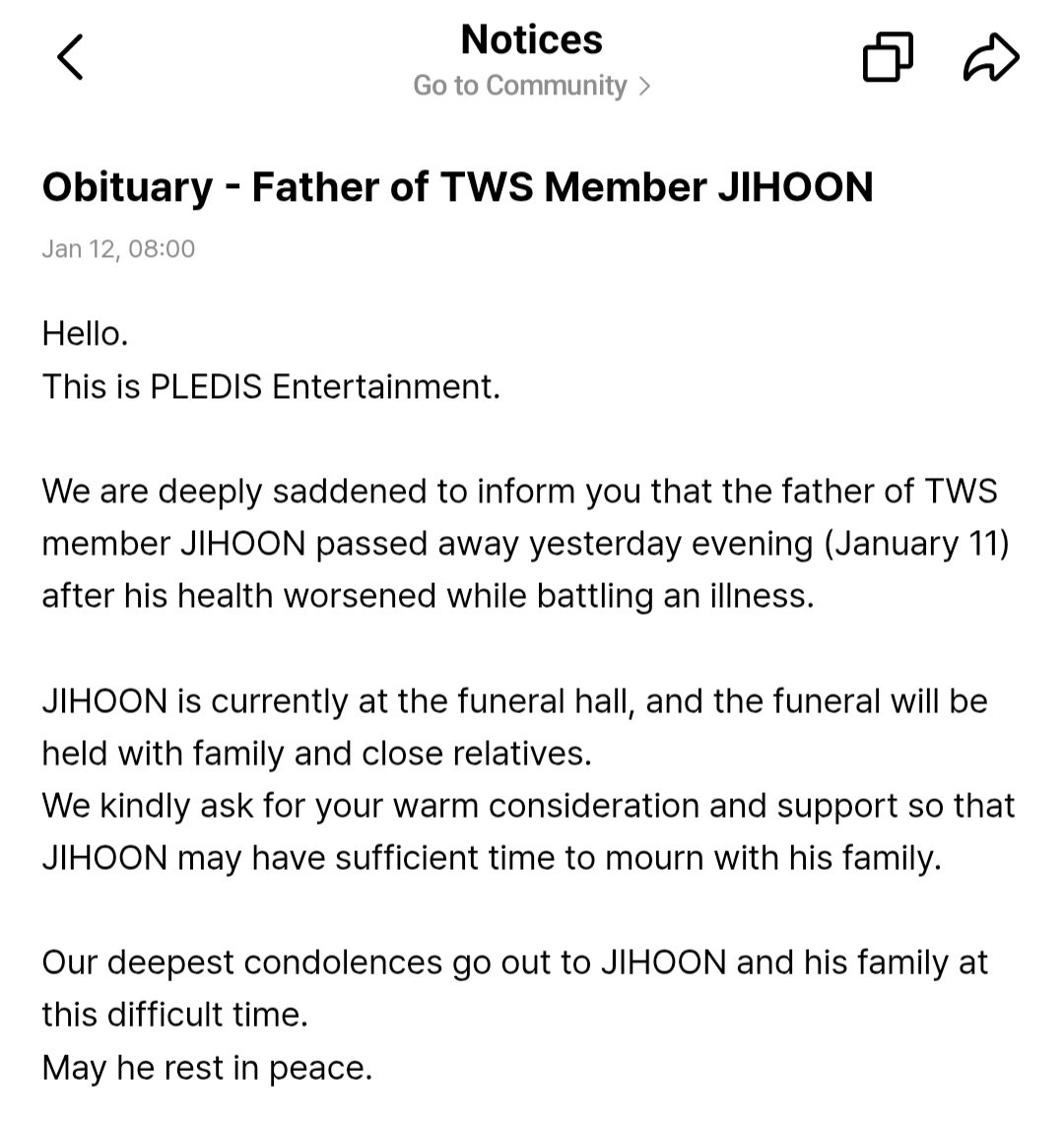 TWS42_INDONESIA's tweet image. [INFO] 250112

Pagi ini dikabarkan bahwa ayah Jihoon telah meninggal dunia kemarin pada 11 Januari 2026. Jihoon saat ini sedang berada di aula pemakaman dan pemakaman akan diadakan dengan keluarga terdekat.

Kami menyampaikan belasungkawa yang mendalam untuk Jihoon dan…