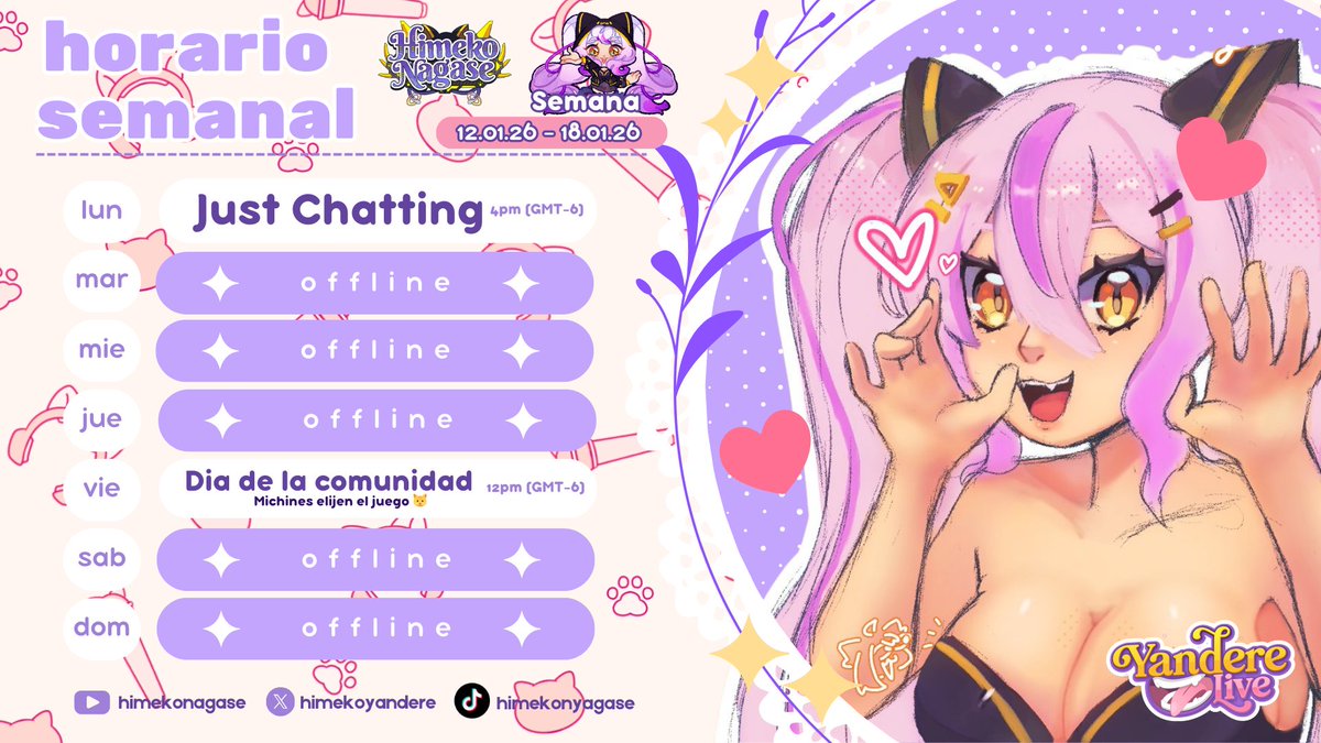 HimekoYandere's tweet image. 💛🐈✨𝓗𝓲𝓶𝓮𝓴𝓸 𝓝𝓪𝓰𝓪𝓼𝓮✨🐈💛
【Horario semanal】

Clips ▶︎#HimekoClip
Memes▶︎#Himemes
Arte ▶︎#HimekoArt
Agencia ▶︎ @YandereLive   | #YandereLive   
🎨: @Tapioka96owo 

#Vtuber #VtuberES #HimekoNagase