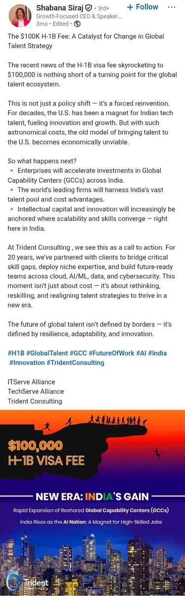 amandalouise416's tweet image. ITServe repeatedly claims to represent American businesses and American workers.

But in a LinkedIn post by ITServe Director Shabana Siraj, in which she tags ITServe, tells a different story. In that post, she praises the proposed $100K H-1B fee specifically because it makes…