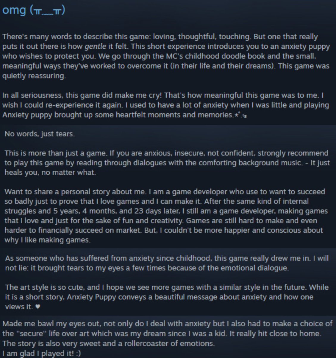 PuppyStudio2025's tweet photo. Sharing a few comments from players of Anxiety Puppy that brought me to tears.
#indiegames #anxiety #SteamGame #indiedevs https://t.co/XkBnuNQvSi