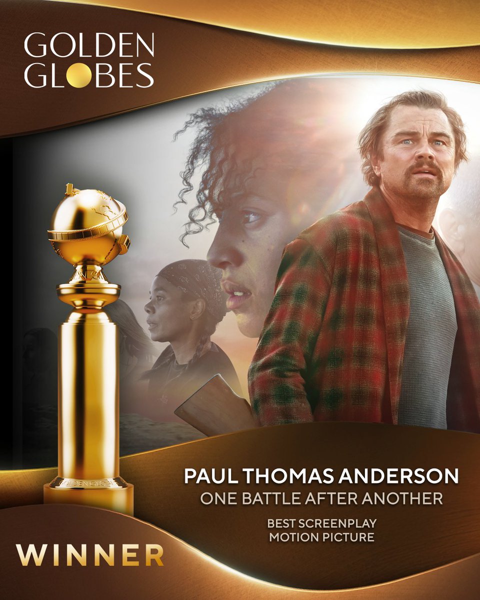 goldenglobes's tweet photo. Paul Thomas Anderson just won the #GoldenGlobes award for Best Screenplay – Motion Picture for One Battle After Another! 🎥 https://t.co/FJZCFvjT5p