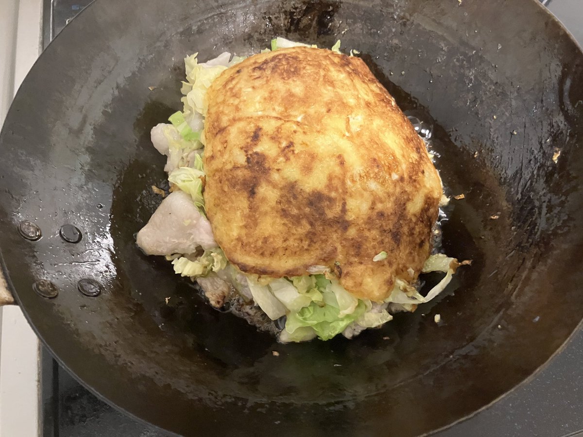 お好み焼き風😋生地は絹ごし豆腐、片栗粉、卵、ヒガシマルうどんスープ