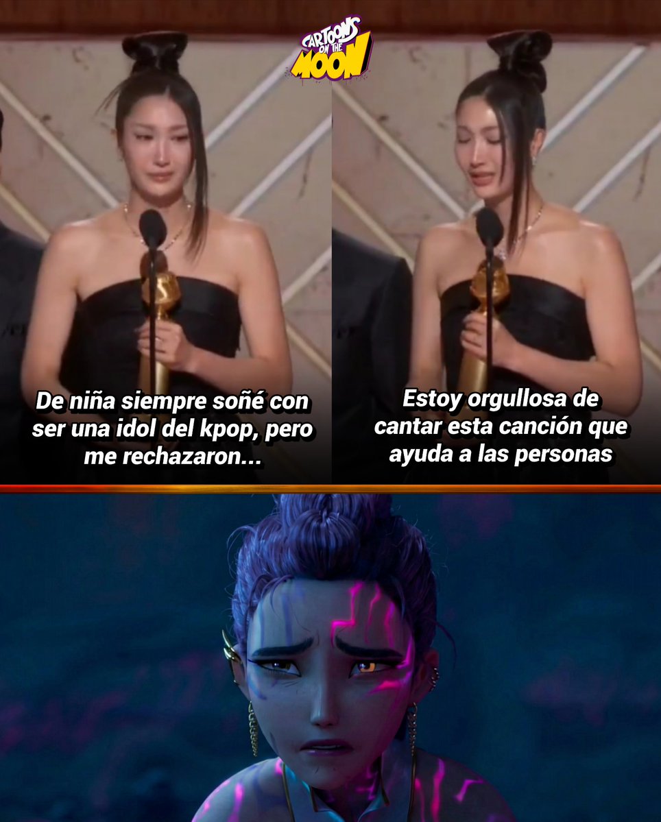CartoonsOTMoon's tweet image. Entre lágrimas, EJAE (Rumi) recogió el premio a Mejor Canción de "GOLDEN" y dedicó este discurso:

💬 "De niña siempre soñé con ser una idol del kpop, pero me rechazaron y me hicieron creer que no era lo suficientemente buena...

Y ahora estoy aquí. 

Estoy tan orgullosa de…