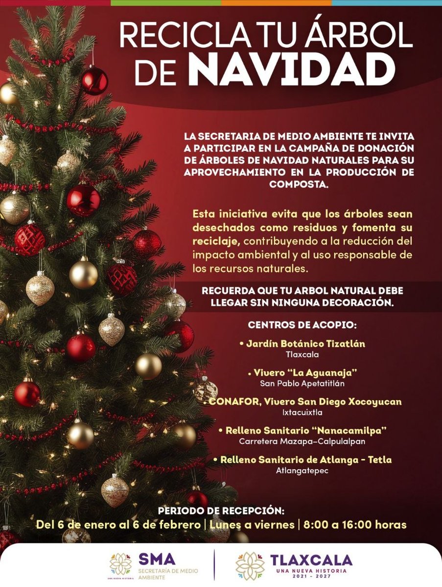 🌱 Tu árbol de Navidad puede seguir dando vida.
Al reciclarlo, reduces el impacto ambiental y fomentas el uso responsable de los recursos naturales.
Acude a los centros de acopio autorizados y súmate a esta iniciativa sustentable.
📆 Del 6 de enero al 6 de febrero.
