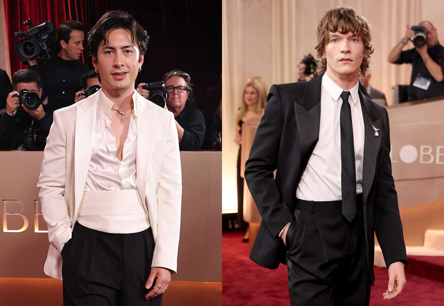 Hudson Williams and Connor Storrie — the breakout stars of Crave’s hit hockey romance Heated Rivalry — made their red carpet debut at the 2026 Golden Globes on Sunday night. Here's what the pair wore on their big night:

amongmen.com/style-grooming…