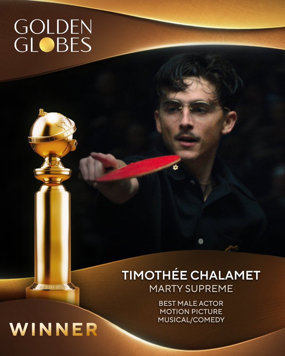 goldenglobes's tweet image. Ladies &amp;amp; Gentleman... your Best Male Actor – Motion Picture – Musical/Comedy winner is Timothée Chalamet for Marty Supreme! 🌟 #GoldenGlobes