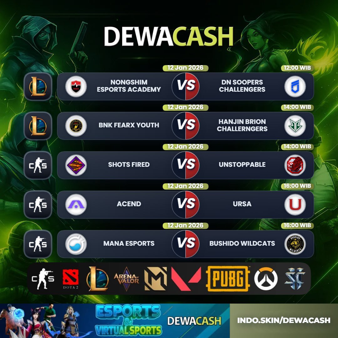 dewacash_office's tweet photo. Jadwal Match DEWACASH – 12 Januari 2026  🎮

Pantau terus match favoritmu dan jangan sampai ketinggalan keseruannya!
💸 Main &amp; dukung tim jagoanmu di DEWACASH

🔗 https://t.co/6CPoFEh7sA https://t.co/KqAs0rBgqh