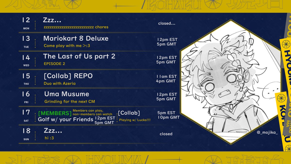 January 12-18

Another fun week ahead!!! Collabs, games, and ME!

Aomi streams this week are Tuesday and Friday

⬇️ref sheet, #'s, and links are in the replies⬇️