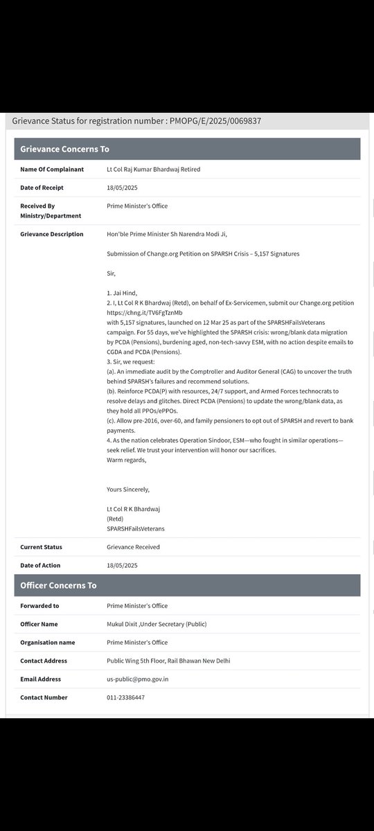 DAY 125 : 🇮🇳 FLASH UPDATE: RTI FILED WITH FINANCIAL ADVISOR (DEFENCE SERVICES) ON PMO'S ADVICE – WILL CGDA/FADS FINALLY RESPOND ON HON’BLE PRIME MINISTER CHANGE.ORG PETITION? 🇮🇳
#SPARSHFailsVeterans Campaign launched on X on 24 Feb 25, uniting 
👁️ 34,904 Views