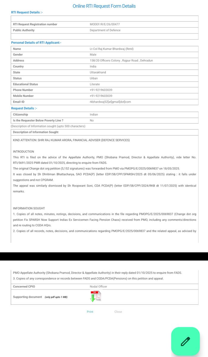 RajKuma35152604's tweet photo. DAY 125 : 🇮🇳 FLASH UPDATE: RTI FILED WITH FINANCIAL ADVISOR (DEFENCE SERVICES) ON PMO'S ADVICE – WILL CGDA/FADS FINALLY RESPOND ON HON’BLE PRIME MINISTER https://t.co/YMyMaEAhTQ PETITION? 🇮🇳
#SPARSHFailsVeterans Campaign launched on X on 24 Feb 25, uniting 
👁️ 34,904 Views 
https://t.co/v7owLXiDaZ

Jai Hind!  
Day 124 tweet & Quotes (last week)
(🔥42 Re-tweets, ♥️25 Likes & 👁️2,308 Views)
exposed how our https://t.co/VxPtMATkaR petition
"Fix SPARSH Now—Support India’s Ex-Servicemen Facing Pension Chaos
Victory"
(5,152 signatures) addressed to Hon’ble Prime Minister & Defence Minister was re-routed to CGDA/PCDA(P), closed as “suggestion” (PMOPG vide EDP/58/CPP/SPARSH/2025 dt 05/06/25 by Sh Dhritiman Bhattacharya) and (Appeal vide EDP/58/CPP/2024/RKB) dt 11/07/25 by Sh Roopwant Soni). The RTI CGDFA/R/E/25/02814 dt 26/08/25 & Appeal CGDFA/A/E/25/00577 dt 08/09/25 evaded/closed without resolution (RTI vide 5825/AT-P/RTI Vol. I dt 03/09/25  by Sh Ghanshyam Kumar) and (1st Appeal vide 5825/AT-P/RTI Vol. I dt 17/10/25 by Smt Molly Sengupta).

New development: 
On 10 Jan 26, we filed a fresh RTI 
MODEF/R/E/26/00477 with Shri Raj Kumar Arora, Financial Adviser (Defence Services) [FADS], on the explicit advice of the Appellate Authority, PMO (Shobana Pramod, Director & Appellate Authority), vide letter No. RTI/5691/2025-PMR dated 01/10/25, "advised to consult public authority Department of Defence Finance (FADSS) for further information/Grievance regarding action may have been taken."

We seek:  
▪️Copies of notes, minutes, notings, decisions & communications in the file regarding PMOPG/E/2025/0069837 received from PMO, including comments/directions & re-routing to CGDA HQrs.  
▪️Copies of records regarding the petition & appeal, as advised by PMO Appellate Authority (Shobana Pramod, Director & Appellate Authority) to consult FADSS for further information/Grievance regarding action may have been taken.  
▪️Copies of any correspondence between FADS & CGDA/PCDA(Pensions) on this matter.

This step follows PMO forwarding the petition to FADSS without action, and appeal disposal with advice to “consult FADSS”.  

We respectfully request Shri Rajesh Kumar Singh, Defence Secretary, to seek feedback from Shri Raj Kumar Arora, FADS on action taken as per PMO advice.  
With CAG audit forthcoming in audit cycle 2026-27, we urge direct FADS/CGDA HQrs action to update blank/wrong SPARSH data forthwith for relief to aged veterans. 
If grievances are resolved as claimed, why the hesitation? 

Attached: 
▪️RTI application (10 Jan 26)
▪️PMO Appellate Authority Reply (01 Oct 25), 
▪️PMOPG/E/2025/0069837 (18 May 25)
(addressed to the Hon'ble Prime Minister).     

@PMOIndia
#PrincipalSecretaryToPrimeMinister
Dr Pramod Kumar Mishra, IAS 
@DefenceMinIndia @rajnathsingh
@SpokespersonMoD
#DefenceSecretary
Sh Rajesh Kumar Singh, IAS 
#FADS
Sh Raj Kumar Arora, IDAS 
@HQ_IDS_India
@DefenceAccounts 
#CGDA
Sh Vishvajit Sahay, IDAS 
@PcdaPensions
#PCDAPensions
Sh Kanwaldeep Singh, IDAS 
@IndiaCAG @India_NHRC
@adgpi @indiannavy @IAF_MCC
 
@moneycontrolcom @nalinmehta
@IndianExpress @grewal_sharma
@thetribunechd @ajaynewsman
@timesofindia @ANI @htTweets
@ravish_journo @ashutosh83B
 
@Vedmalik1 @arunp2810
@kayjay34350 @Ptr6Vb
@KatochPrakash
@ColTekpal @RDXThinksThat
@ragarwal @NTR_NationFirst
@amitabhafirst @kkhushal9

#JusticeForVeterans  #CAGAuditSPARSH