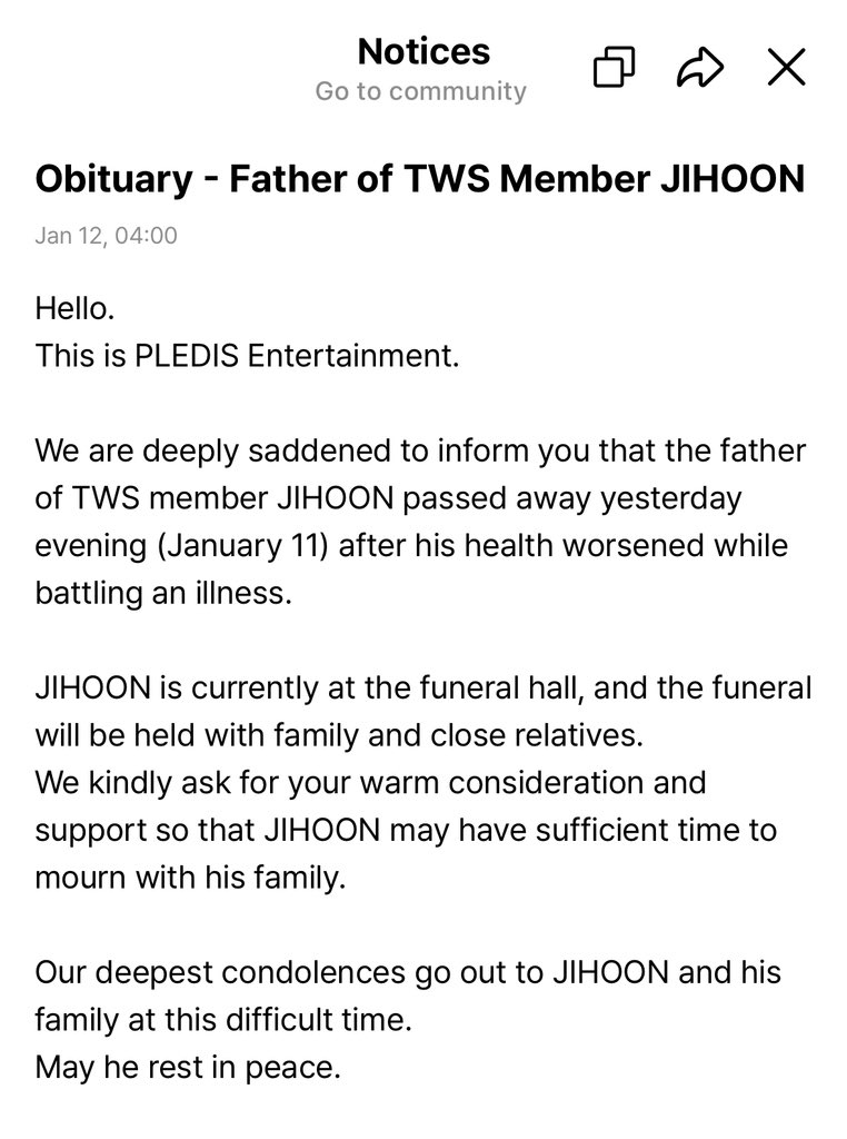TWSLATION_'s tweet photo. Jihoon’s father has just passed away.

Through the stories Jihoon shared with us so proudly, we came to know how kind and warm you were. Thank you for raising Jihoon with so much love and care, allowing him to grow into such a wonderful person. May you rest in peace.

Our deepest condolences to Jihoon and his family🤍