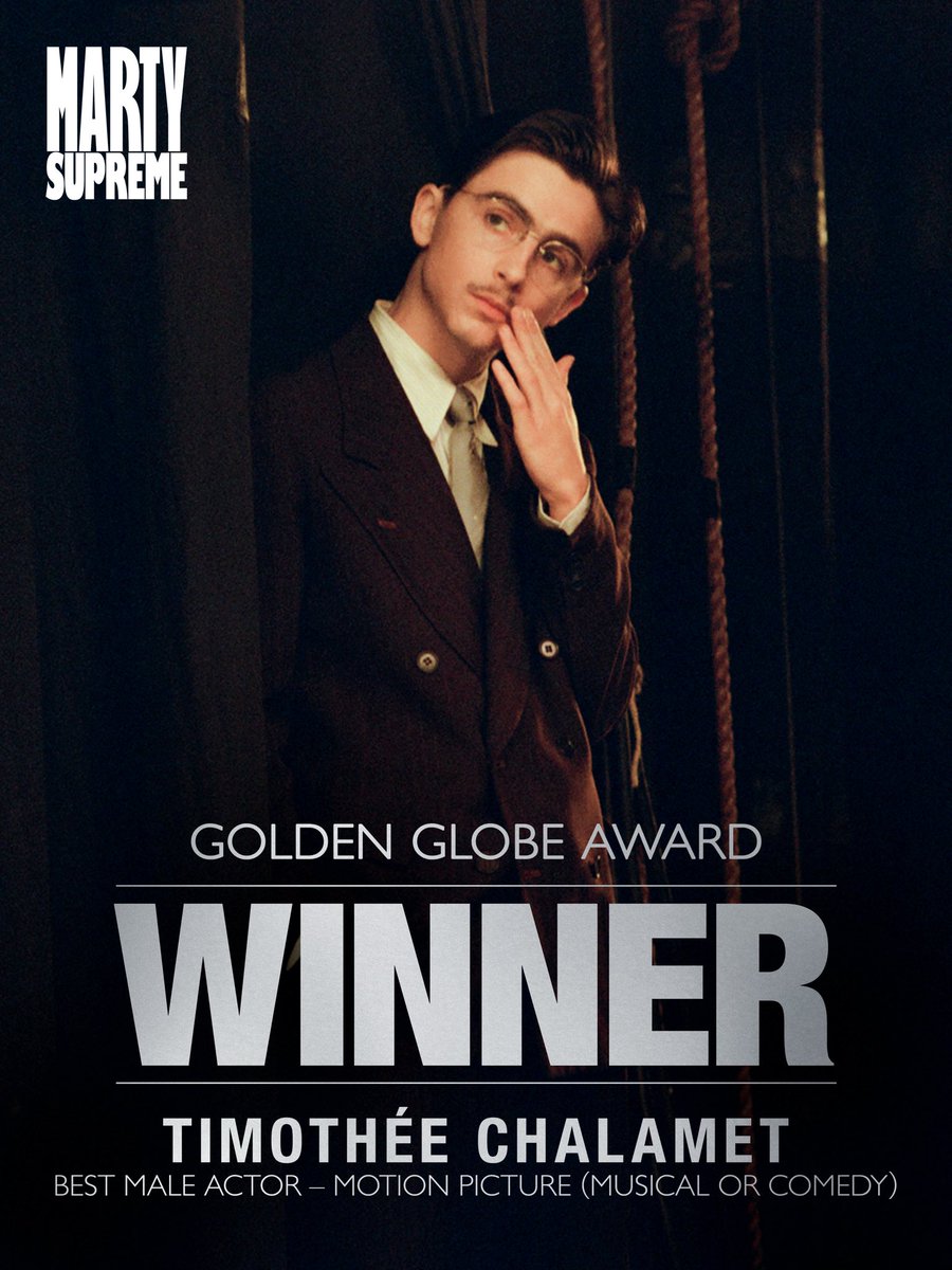 A24's tweet image. DREAM BIG. Golden Globes Best Actor WINNER @RealChalamet 🏆