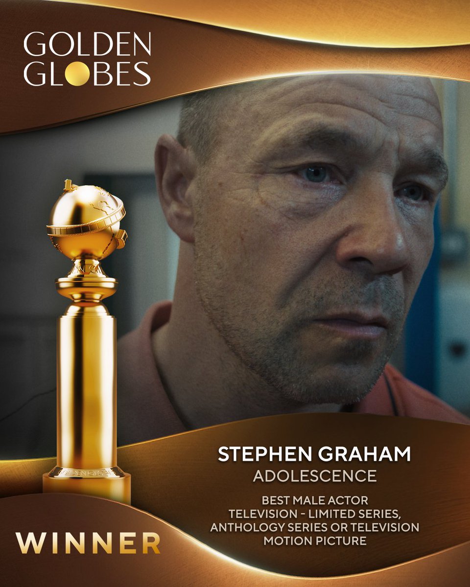 goldenglobes's tweet image. Shoutout to Stephen Graham for winning the #GoldenGlobes award for Best Male Actor – Television – Limited Series, Anthology Series or Television Motion Picture in Adolescence! 🎉