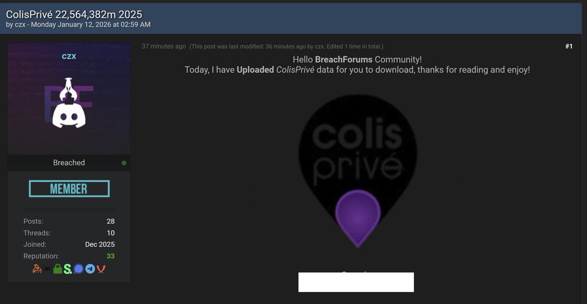 seblatombe's tweet image. 🚨 ALERTE 🇫🇷 Colis Privé, +22 millions de données désormais en libre accès ⤵️

Ce qui était une cyberattaque en novembre est devenu aujourd’hui une exposition publique incontrôlable.

Plus de 22 millions d’enregistrements Colis Privé, après avoir été volés et revendus, circulent…
