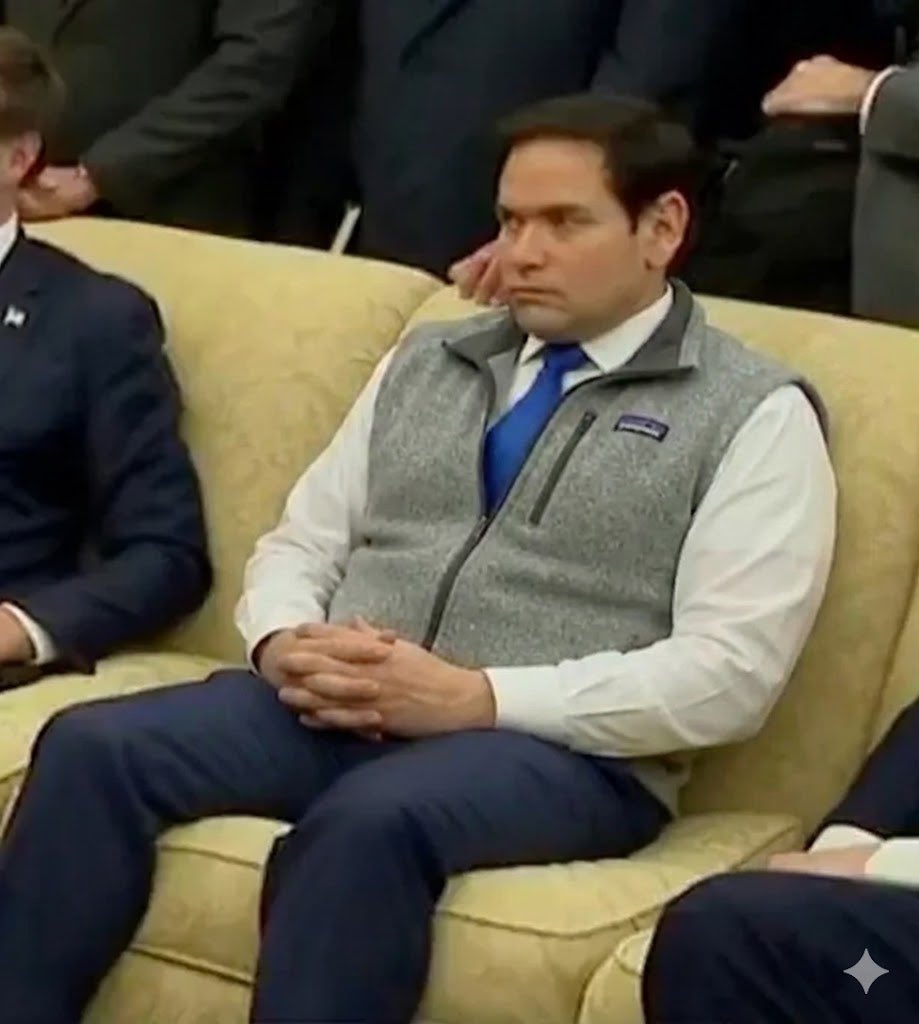 RobertMSterling's tweet image. Marco Rubio finding out he has to be chairman of the Federal Reserve