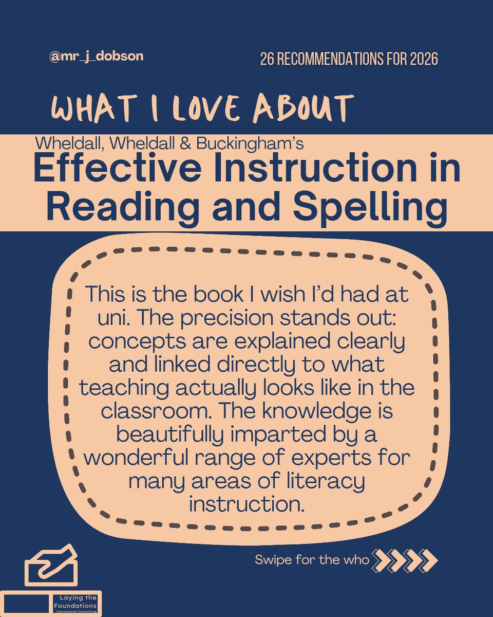 jdtdobson's tweet photo. Day 12 of #26for2026

Effective Instruction in Reading and Spelling

Clear guidance 🎯
Evidence-based 📑
Focused on what really works in literacy instruction 🔬

#ScienceOfLearning #ArtOfTeaching https://t.co/4Ps9YyOK6a