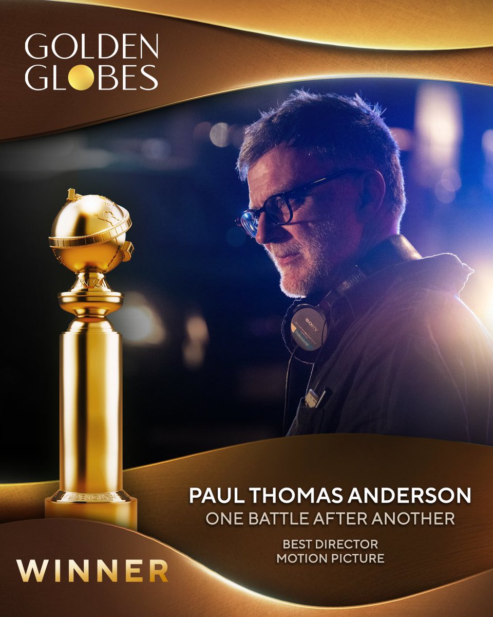 goldenglobes's tweet image. Congrats to Paul Thomas Anderson on winning the 83rd Annual #GoldenGlobes award for Best Director Motion Picture for One Battle After Another! 🥂