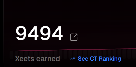 HUGE!

Xeet just added "Tournament" Xeets as a stimmy for people who had multipliers in tournaments they competed in.

I just got a nice little 50% boost.. 6500 an hour ago to 9500.

December 1st I had less than 1000 xeets.

This is why Xeet is the best infoFi team / product.