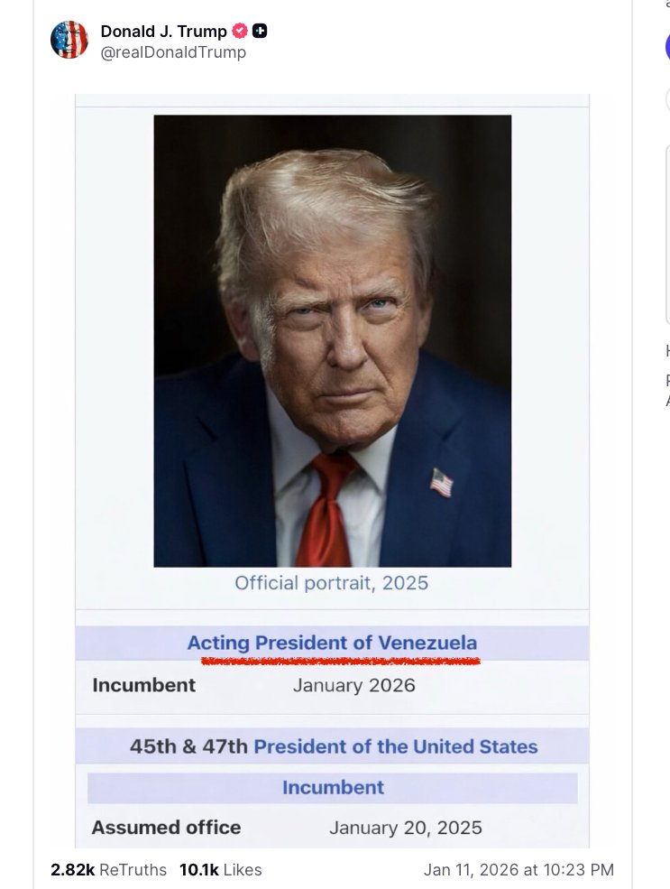 Trump acaba de postear una imagen anunciando que es el Presidente de Venezuela. Ya no tiene ni sentido analizar esto. Es un delirio total.