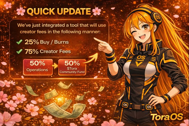 🌸Quick Update🌸

We have just integrated a tool that will use creator fees in the following manner:
25% Buy / Burns
75% Creator Fees

Of the 75% creators, 50% will be used for operations and 50% will be directed to the $Tora community fund for stakers.