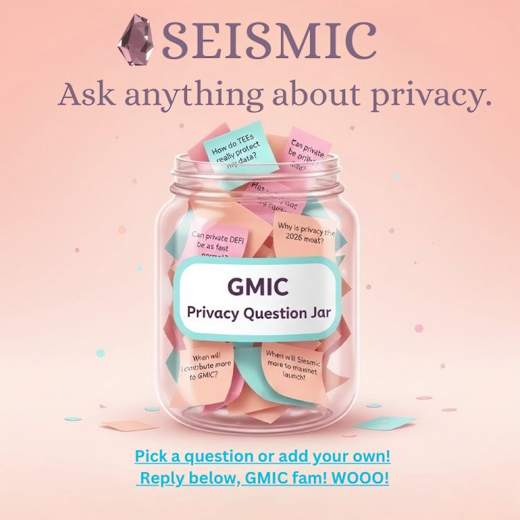 Opening the GMIC Privacy Question Jar today! 💜
From 'How do TEEs actually work?' to 'When's mainnet?' – these are the questions we're all thinking. Pick one or add yours below, fam. Together we learn &amp; build the encrypted future. <a href="/SeismicSys/">Seismic</a> ❓🔒 WOOO!
<a href="/heathcliff_eth/">Heathcliff</a> <a href="/k2sbhai/">K2S.ink</a>