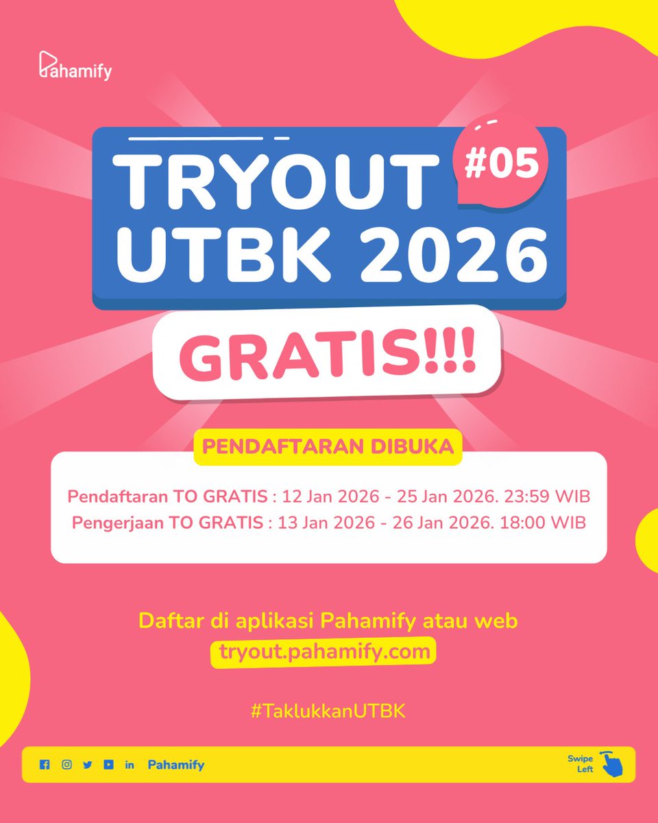 pahamify's tweet image. 🎊TO GRATIS: Pendaftaran TO UTBK 2026 #05 Gratis DIBUKA!🎊

📆Pendaftaran: 12 Jan'26 - 25 Jan'26
✏️Pengerjaan: 13 Jan'26 - 26 Jan'26

🥇TO PALING UPDATE mengikuti kisi-kisi SNPMB 7 SUBTES.

Cara daftar GRATIS di sini ⬇️