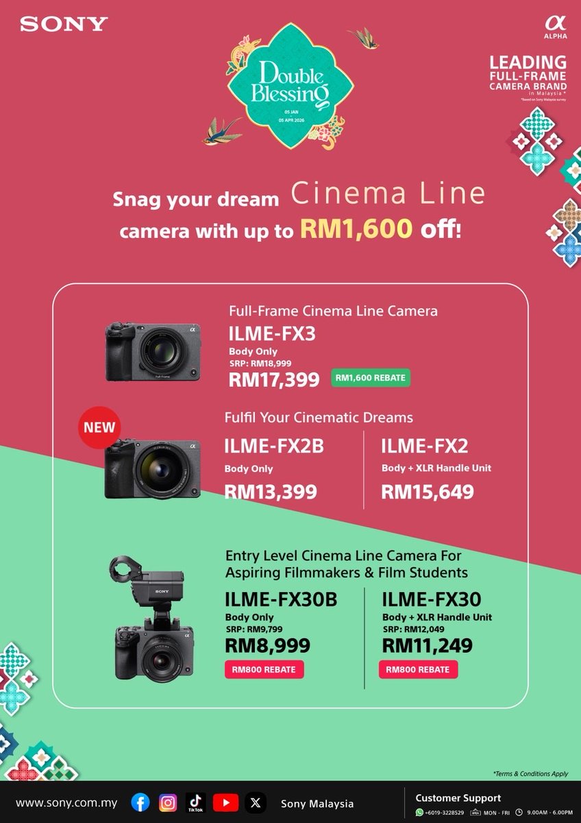 DansonNg95's tweet image. 🧧 Double Blessing · Double Joy 🧧
Sony Alpha promotion is on 🎊

Save up to RM2,600
FREE gifts + official rebate
Extra Touch ’n Go eWallet rewards
1+1 year official warranty

Full-Frame | APS-C | ZV Series | Sony lenses

#SonyAlpha #SonyMY #CameraDeal #N4Camera