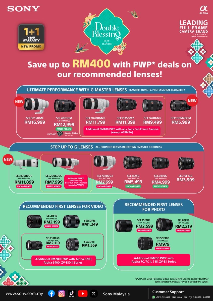 DansonNg95's tweet image. 🧧 Double Blessing · Double Joy 🧧
Sony Alpha promotion is on 🎊

Save up to RM2,600
FREE gifts + official rebate
Extra Touch ’n Go eWallet rewards
1+1 year official warranty

Full-Frame | APS-C | ZV Series | Sony lenses

#SonyAlpha #SonyMY #CameraDeal #N4Camera