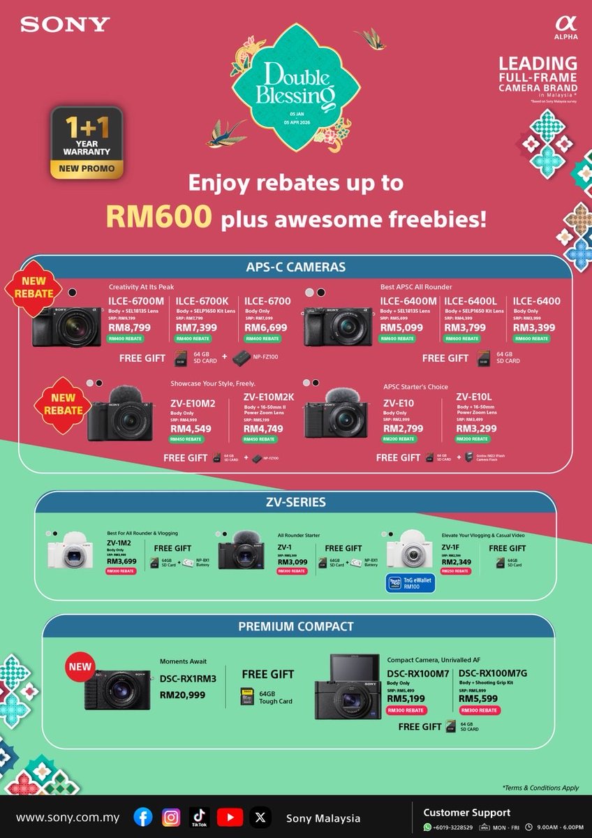 DansonNg95's tweet image. 🧧 Double Blessing · Double Joy 🧧
Sony Alpha promotion is on 🎊

Save up to RM2,600
FREE gifts + official rebate
Extra Touch ’n Go eWallet rewards
1+1 year official warranty

Full-Frame | APS-C | ZV Series | Sony lenses

#SonyAlpha #SonyMY #CameraDeal #N4Camera