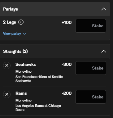 jaredsmithbets's tweet photo. NFC Divisional opening odds @BetMGM 

Seahawks -6.5 vs 49ers
Rams -4.5 at Bears

The chalk parlay pays even money https://t.co/FTKOYDD7Zk