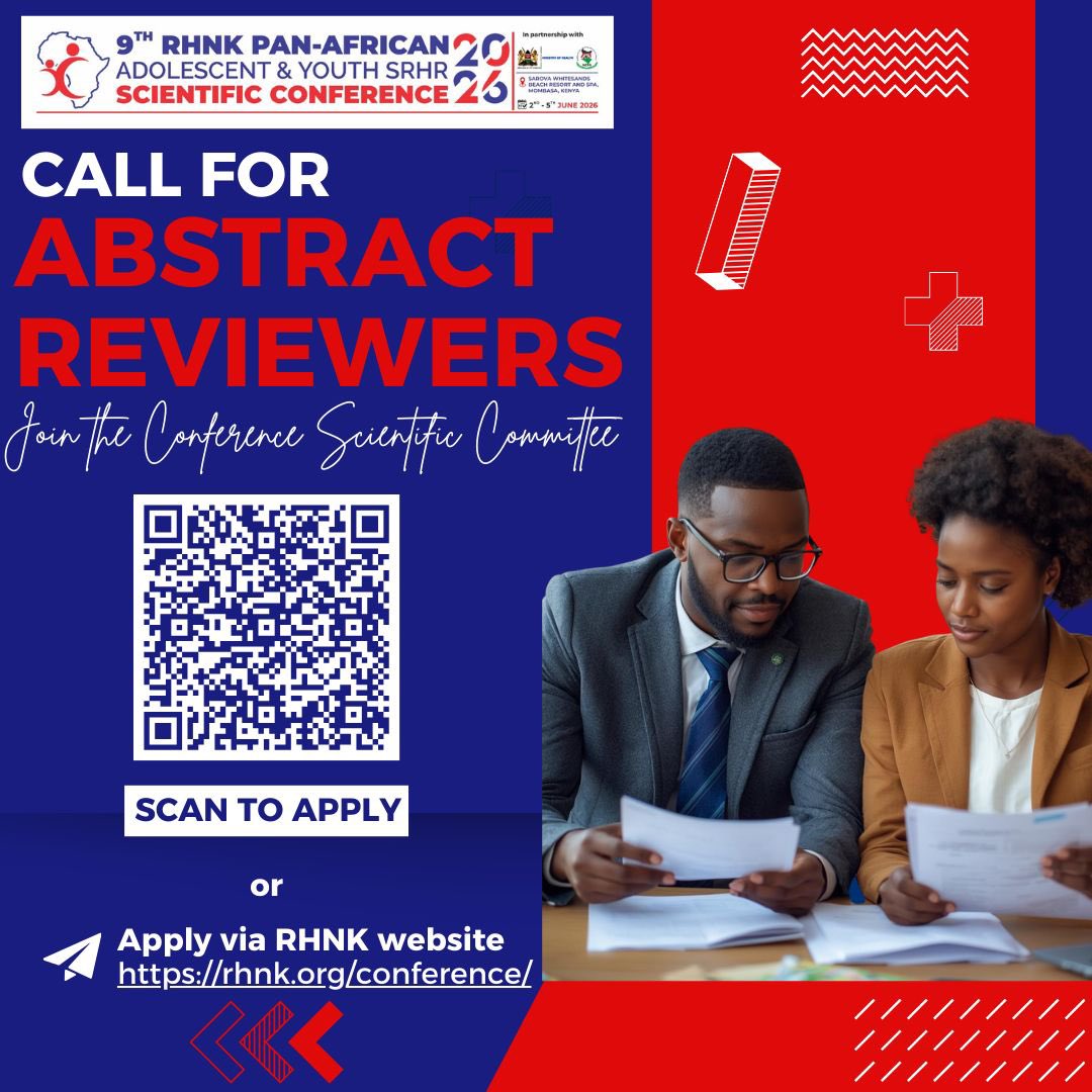 rhnkorg's tweet image. 🚨 OPPORTUNITY ALERT‼️ 
CALL FOR ABSTRACT REVIEWERS 

The 9th RHNK Pan African #AYSRHR Scientific Conference is calling for experienced researchers, program implementers and practitioners to serve as abstract reviewers and help shape the quality and direction of Africa-led AYSRHR…