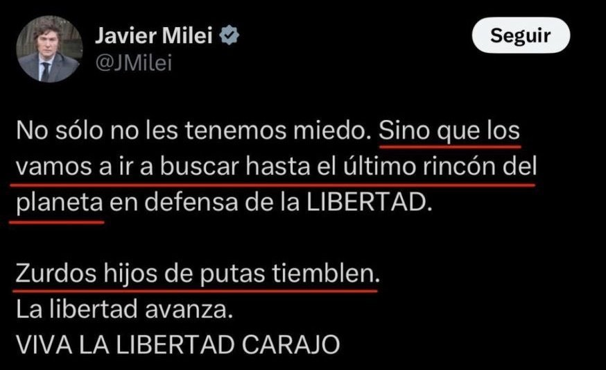 MauroFdz's tweet image. Muy bien, estan a un razonamiento de darse cuenta que Milei diciendo "zurdos hijos de puta tiemblen los voy a perseguir hasta el ultimo rincon del planeta" es NAZI.