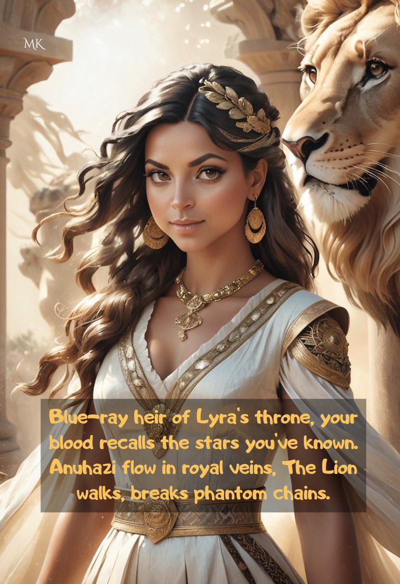AxtroMagic's tweet image. Blue-ray heir of Lyra's throne, your blood recalls the stars you've known.

Anuhazi flow in royal veins, The Lion walks, breaks phantom chains.