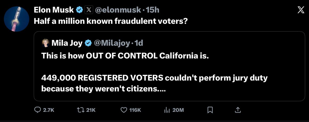 Milajoy's tweet image. Elon Musk reposted me FOUR times today because he knows that without laws on voter ID or fraudulent NGOs, we don't have a country. 

We need to put PRESSURE on the Senate to pass the S.A.V.E. act TODAY. 

Call your Senators.